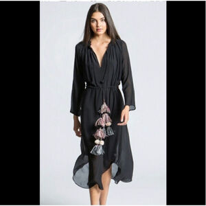 Misa Los Angeles dress Black V Neck Tassel Tie Waist Midi Dress boho artsy sz M